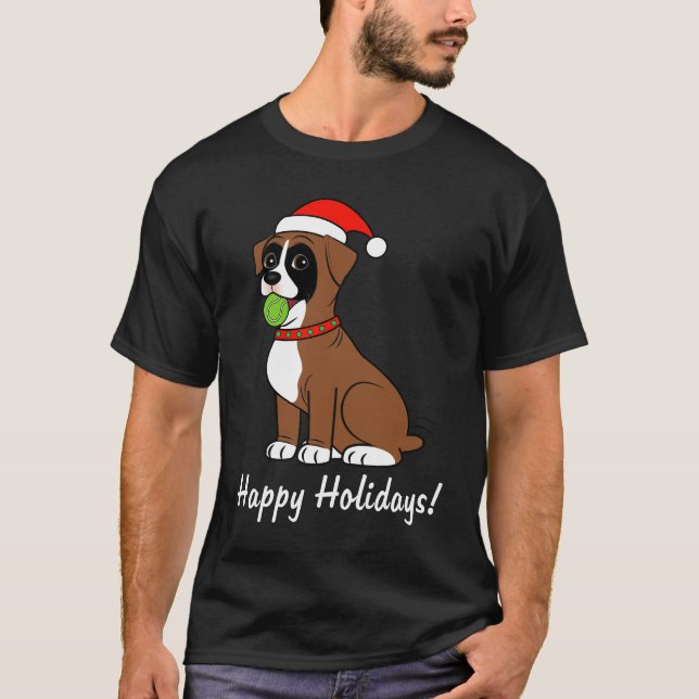 Boxer Puppy with Santa Hat Happy Holidays T-Shirt (Front)