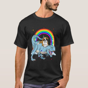 Boxer Riding Dinosaur rex Dog Boys Kids Rainbow T-Shirt