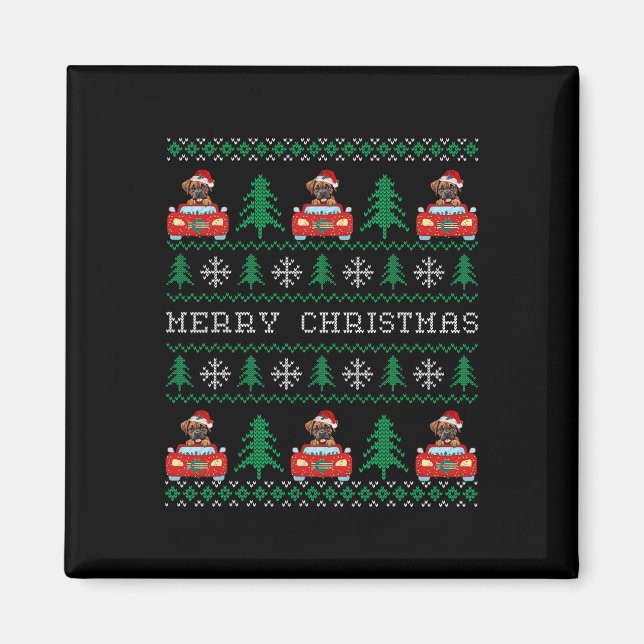 Boxer Riding Red Car Ugly Christmas Sweater Dog  Magnet (Front)