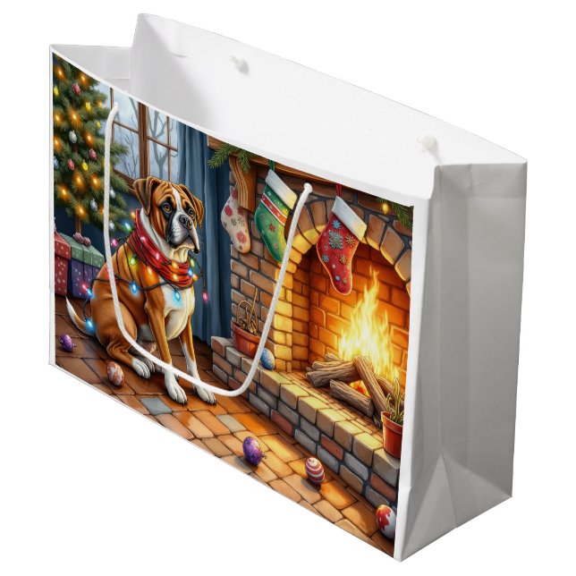 Boxer Sitting by Fireplace with Christmas Lights Large Gift Bag (Front Angled)
