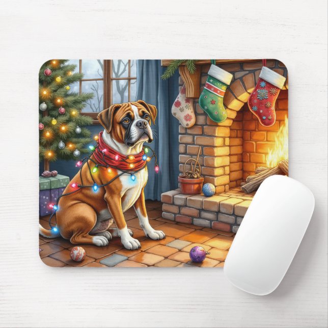 Boxer Sitting by Fireplace with Christmas Lights Mouse Pad (With Mouse)
