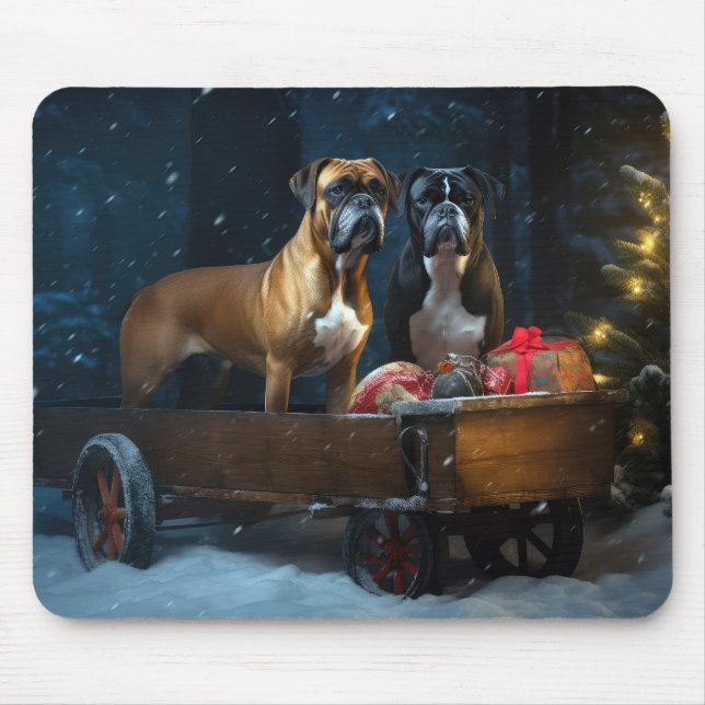 Boxer Snowy Sleigh Christmas Decor Mouse Pad (Front)