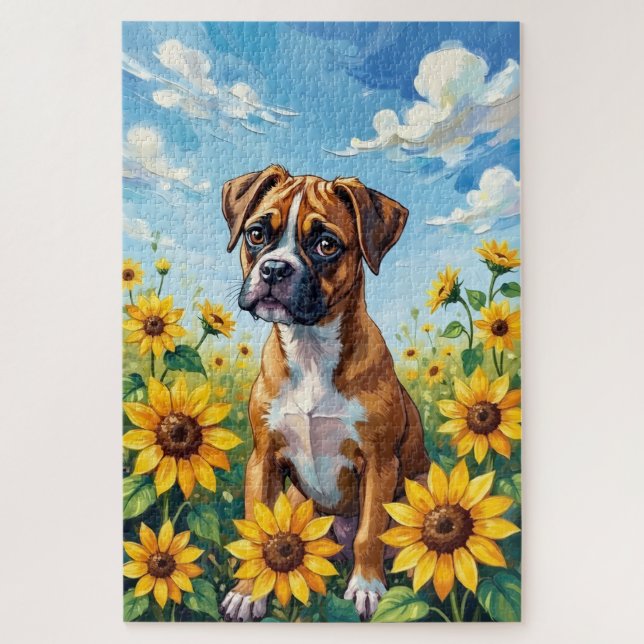 Boxer Spring Sunflower Field Dog Jigsaw Puzzle (Vertical)