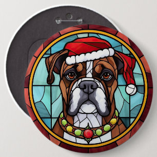 Boxer Stained Glass Christmas 6 Cm Round Badge