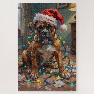 Boxer Tangled in Christmas Lights Guilty Hat Jigsaw Puzzle
