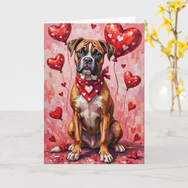 Boxer Valentine’s Day Dog with Hearts Red Card (Yellow Flower)