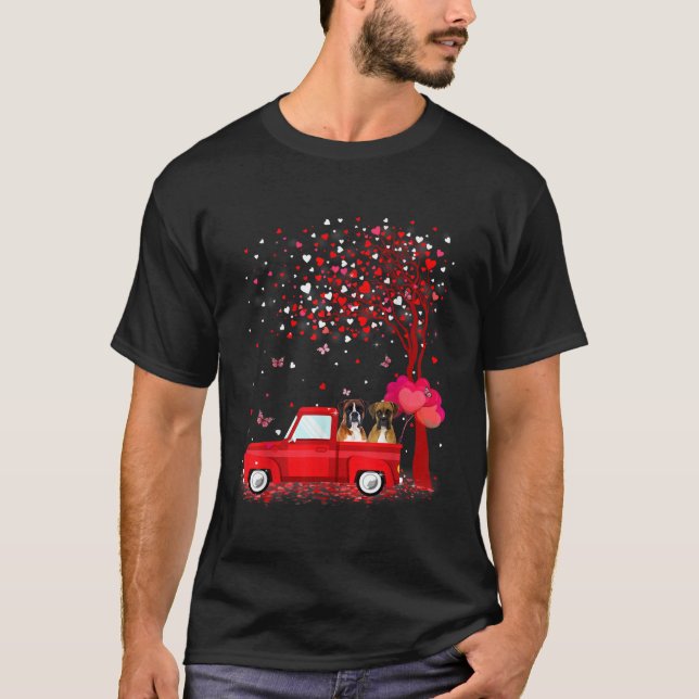 Boxer Valentines Day Gifts Dogs Red Truck Hearts T-Shirt (Front)