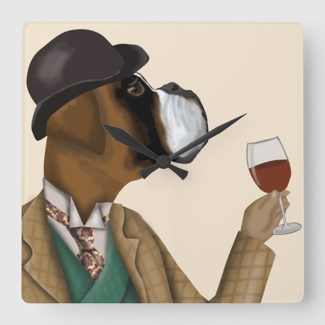 Boxer Wine Snob Square Wall Clock (Front)
