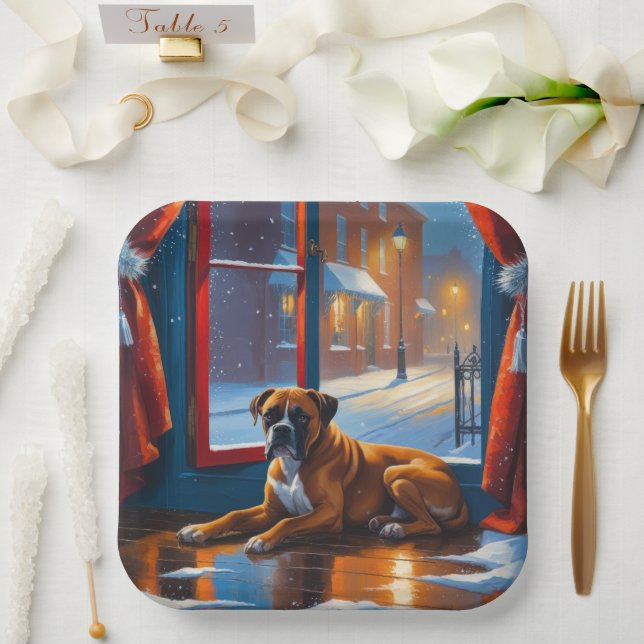 Boxer with Christmas Lights Holiday Paper Plate (Wedding)