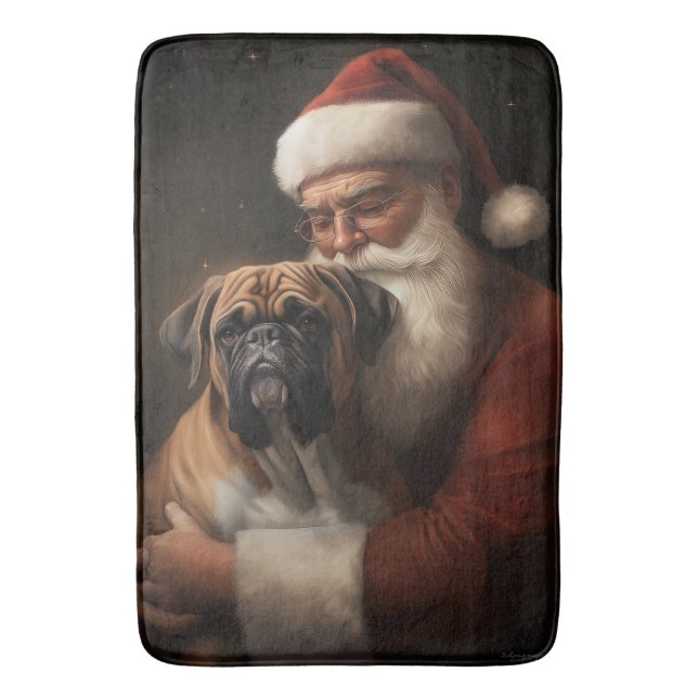 Boxer With Santa Claus Festive Christmas Bath Mat (Front Vertical)