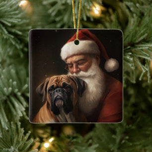 Boxer With Santa Claus Festive Christmas Ceramic Ornament