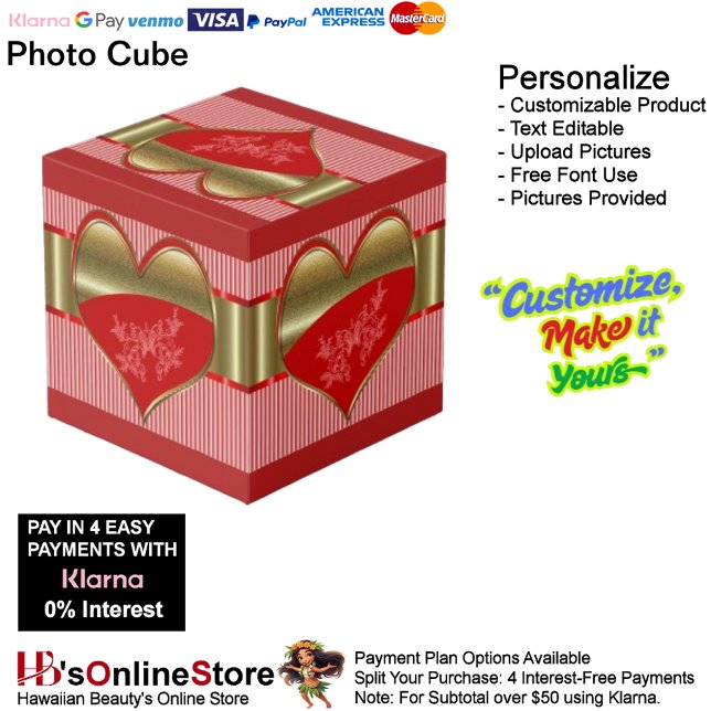 Boxes of Hearts Reed Gold Stripes Photo Cube (Boxes of Hearts Red Gold Stripes Photo Cube with Red Background.)