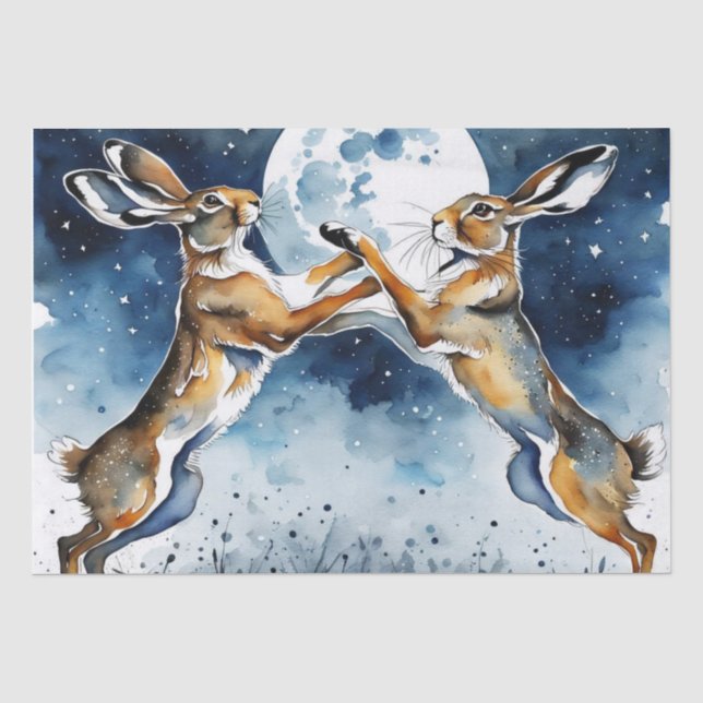 Boxing Hares Moonlight Decoupage Tissue Paper (Front)