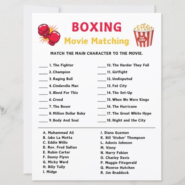 Boxing Movie Matching Game (Front)