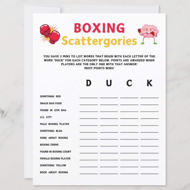 Boxing Scattergories Game (Front)