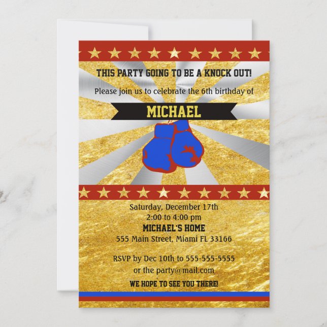 Boxing Sports Boy Birthday Invitation Gold Blue (Front)