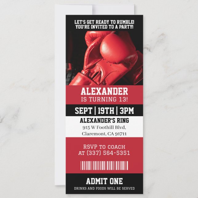 Boxing Ticket Birthday Party Invitation (Front)