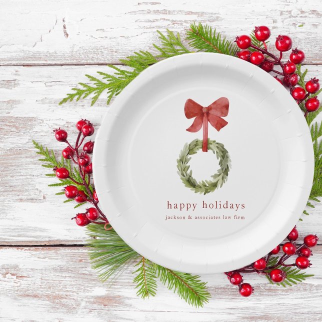 Boxwood Christmas Wreath Red Bow Paper Plate (Creator Uploaded)