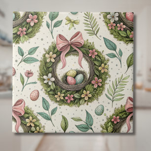 Boxwood Easter Wreath Pink Bow with Egg Ceramic Tile