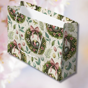 Boxwood Easter Wreath Pink Bow with Egg Large Gift Bag