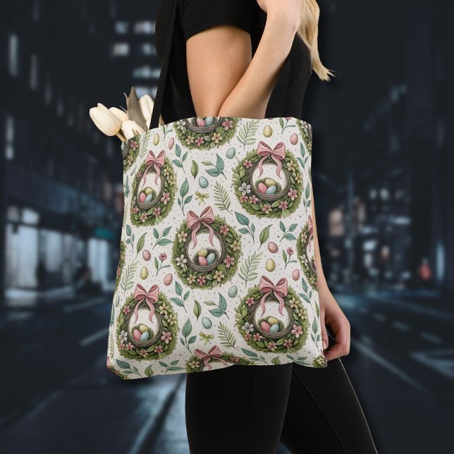 Boxwood Easter Wreath Pink Bow with Egg Tote Bag (Creator Uploaded)