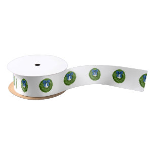 Boxwood Green Wreath with Blue Bow Satin Ribbon
