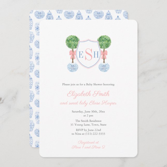 Boxwood Monogram Ginger Jar Girl Baby Shower Party Invitation (Front/Back)
