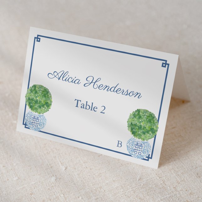 Boxwood Topiary Ginger Jar Wedding Place Card (Individual place card design featuring boxwood topiary and navy and white greek key, ginger jars)