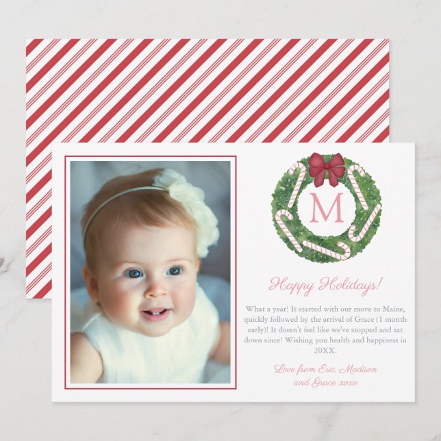 Boxwood Wreath Candy Canes Family Monogram Picture Holiday Card (Front/Back)