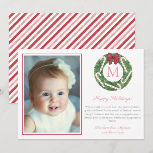 Boxwood Wreath Candy Canes Family Monogram Picture Holiday Card