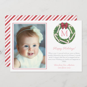Boxwood Wreath Candy Canes Family Monogram Picture Holiday Card