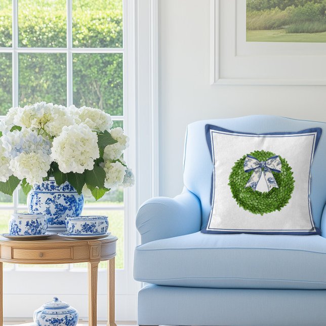 Boxwood Wreath with Blue Toile Bow  Cushion (Boxwood wreath with toile bow pillow)