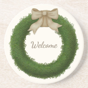 Boxwood Wreath With Bow Custom Name or Greeting Coaster