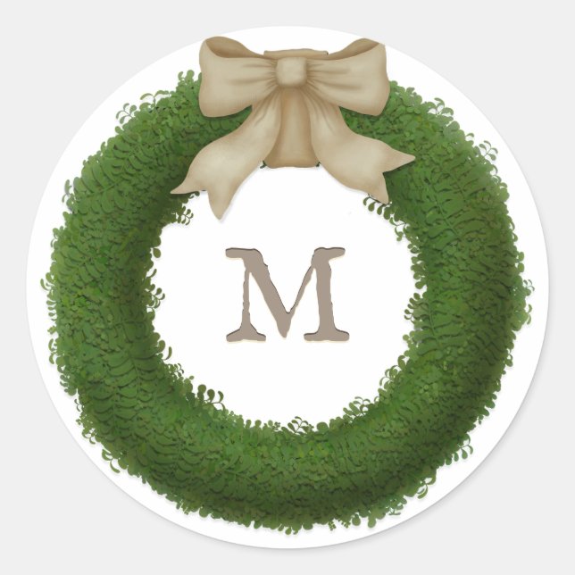 Boxwood Wreath With Rustic Bow Custom Monogrammed Classic Round Sticker (Front)