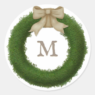 Boxwood Wreath With Rustic Bow Custom Monogrammed Classic Round Sticker