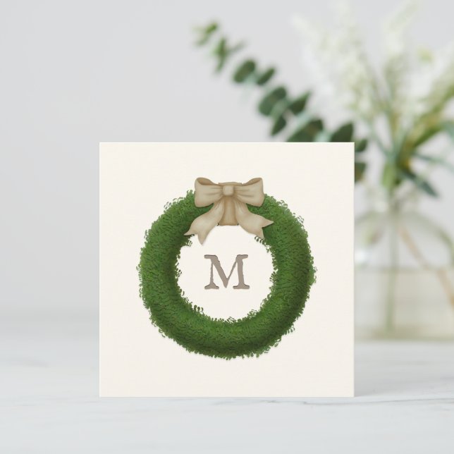 Boxwood Wreath With Rustic Bow Custom Monogrammed Invitation (Standing Front)