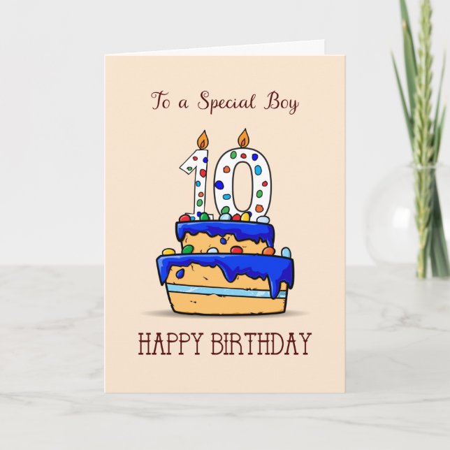 Boy 10th Birthday, 10 on Sweet Blue Cake Card (Front)
