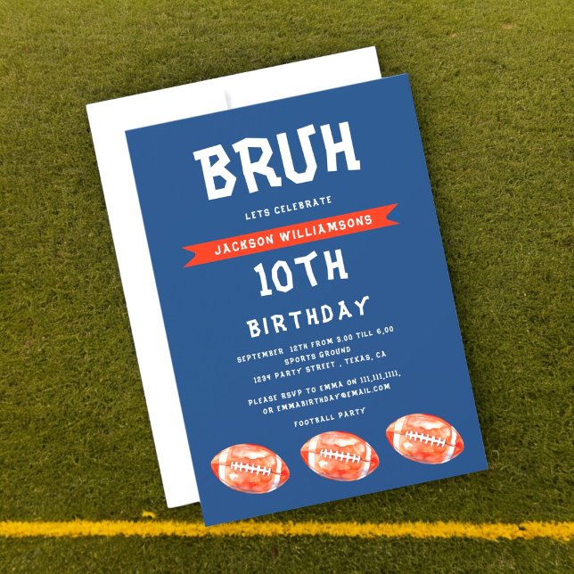 Boy 10Th Birthday Invitation, modern  slang bruh  Invitation (modern football boys birthday invitation , with the slogan bruh lets celebrate , fully personalized )