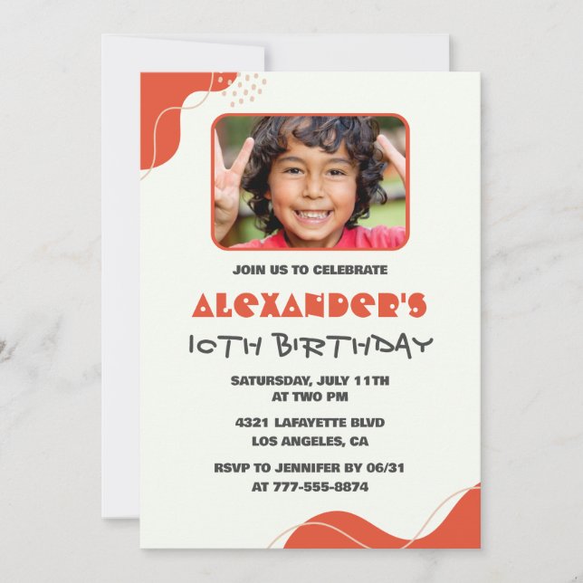 Boy 10th birthday invitations Modern Photo Red (Front)