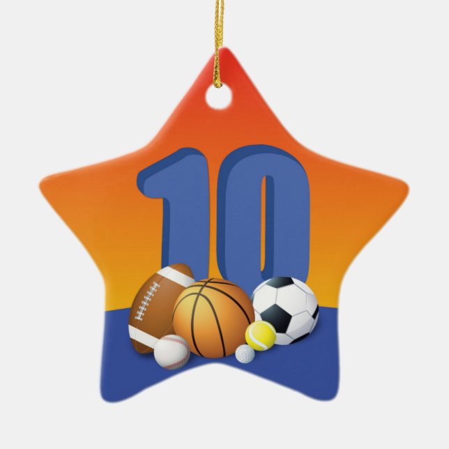 Boy 10th Birthday Sports Balls Ceramic Ornament (Front)