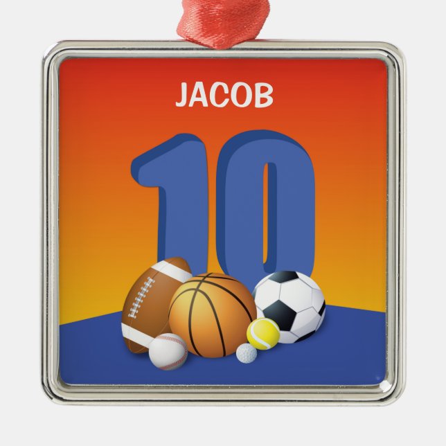 Boy 10th Birthday Sports Balls Metal Ornament (Front)