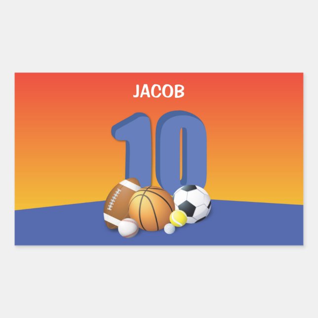 Boy 10th Birthday Sports Balls Rectangular Sticker (Front)