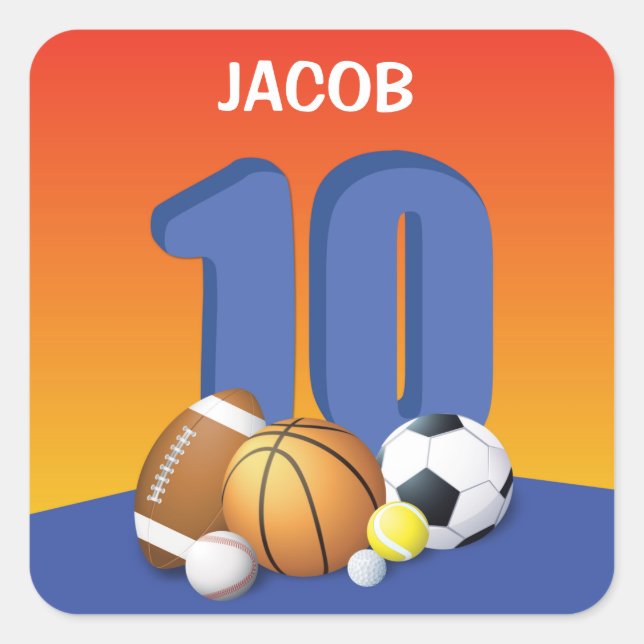 Boy 10th Birthday Sports Balls Square Sticker (Front)