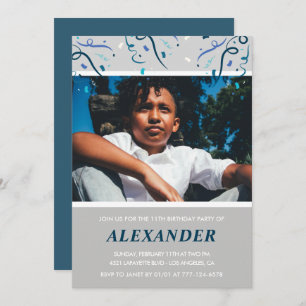 Boy 11th birthday invitations Confetti Photo Navy