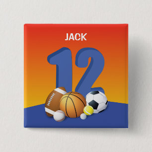 Boy 12th Birthday Sports Balls 15 Cm Square Badge