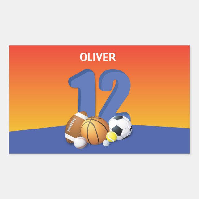 Boy 12th Birthday Sports Balls Rectangular Sticker (Front)