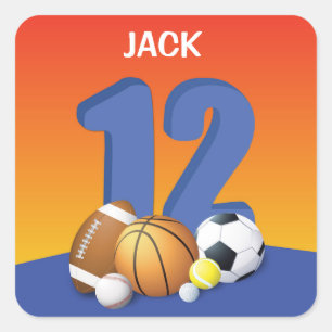 Boy 12th Birthday Sports Balls Square Sticker