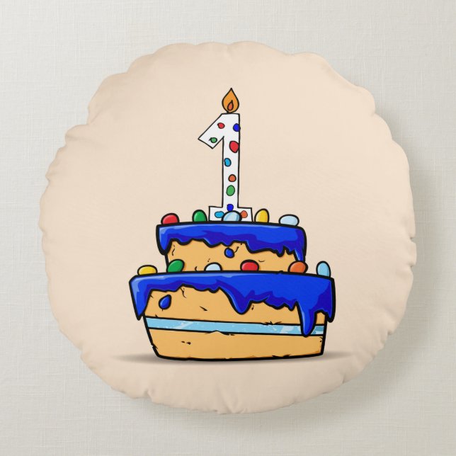 Boy 1st Birthday, 1 on Sweet Blue Cake Round Cushion (Front)