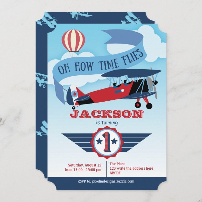 Boy, 1st Birthday, Aeroplane, Time Flies, Aviation Invitation (Front/Back)