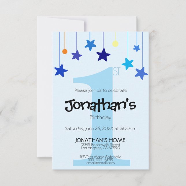 Boy 1st BIRTHDAY Cool Light Blue Stars  Invitation (Front)